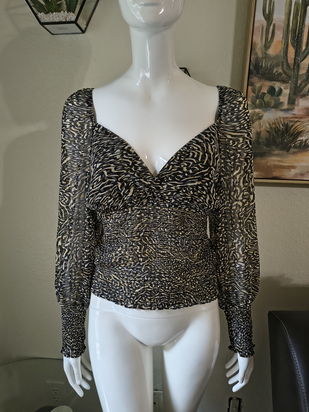 Steve Madden Black and Gold Animal Print Smocked Blouse
